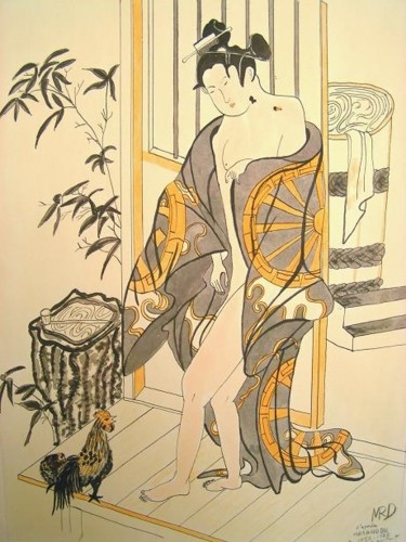 Peinture intitulée "femme au coq" par Michèle Rossetto, Œuvre d'art originale