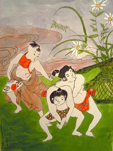 Peinture intitulée "Les petits sumotori" par Michèle Rossetto, Œuvre d'art originale