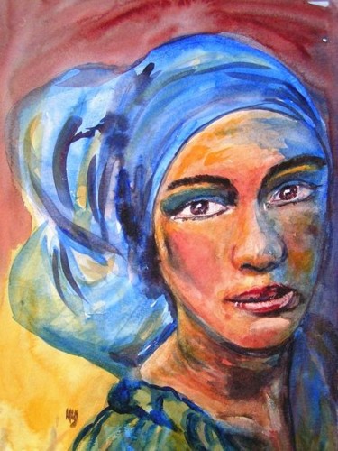 Peinture intitulée "Dame au foulard bleu" par Michèle Rossetto, Œuvre d'art originale