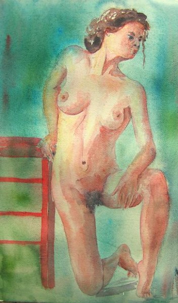 Peinture intitulée "Nu au tabouret rouge" par Michèle Rossetto, Œuvre d'art originale