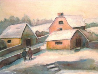 Peinture intitulée "Village sous la nei…" par Michèle Rossetto, Œuvre d'art originale