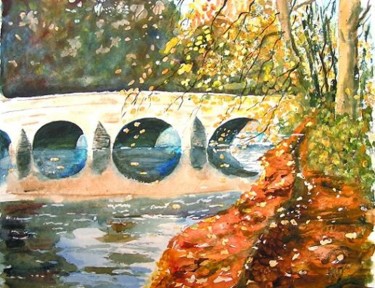 Peinture intitulée "un pont en automne" par Michèle Rossetto, Œuvre d'art originale, Autre