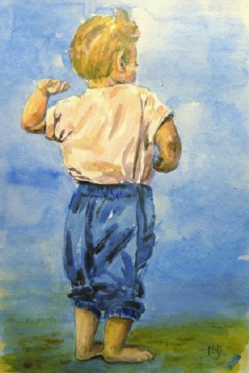Peinture intitulée "petit garçon sur la…" par Michèle Rossetto, Œuvre d'art originale