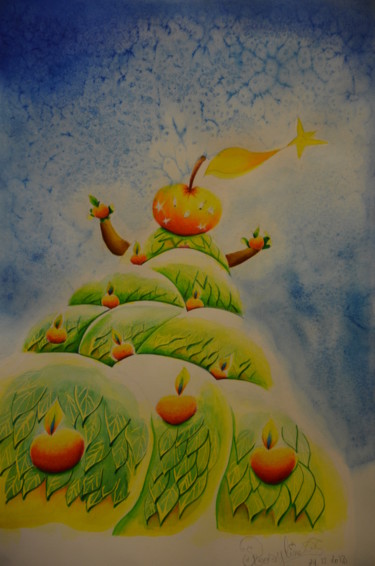Peinture intitulée "Arbre de Noël" par Rosyline, Œuvre d'art originale, Aquarelle