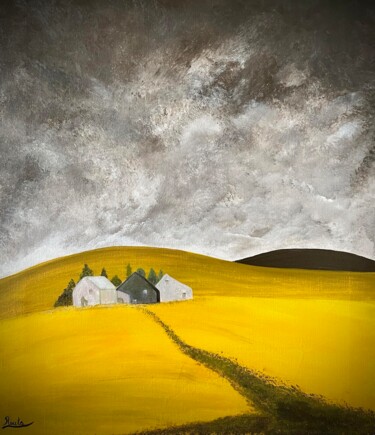 Painting titled "Golden Meadows" by Roula Chreim, Original Artwork, Acrylic Mounted on Wood Stretcher frame