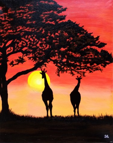 Peinture intitulée "Girafes dans la bru…" par Stéphanie Roumiguié, Œuvre d'art originale, Acrylique