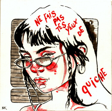 Painting titled "Ne fais pas tes yeu…" by Nikou, Original Artwork, Acrylic Mounted on Cardboard