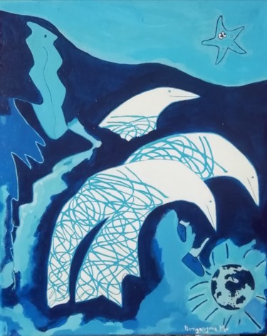 Painting titled "Les dauphins" by Angele Sunnys, Original Artwork, Acrylic
