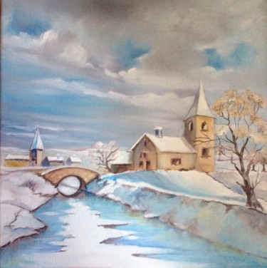 Peinture intitulée "Village enneigée" par Chantou 1954, Œuvre d'art originale