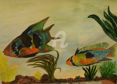 Картина под названием "Happy fish" - Rovinci, Подлинное произведение искусства, Акварель