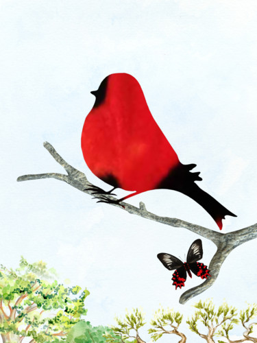Digital Arts titled "Red Bird" by Roxana Ferllini, Original Artwork, Stencil