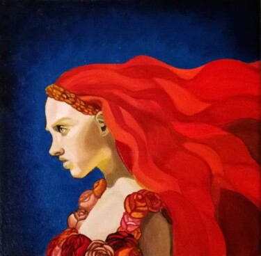 Painting titled "La femme en rouge" by Roxane Kurita, Original Artwork, Oil Mounted on Wood Stretcher frame