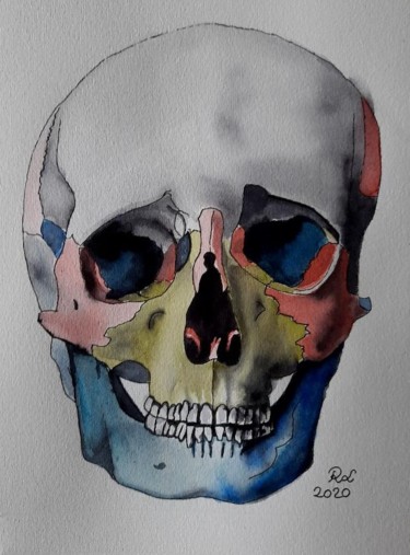 Ζωγραφική με τίτλο "Primary colors skull" από Roxane Le Tétour, Αυθεντικά έργα τέχνης, Ακουαρέλα