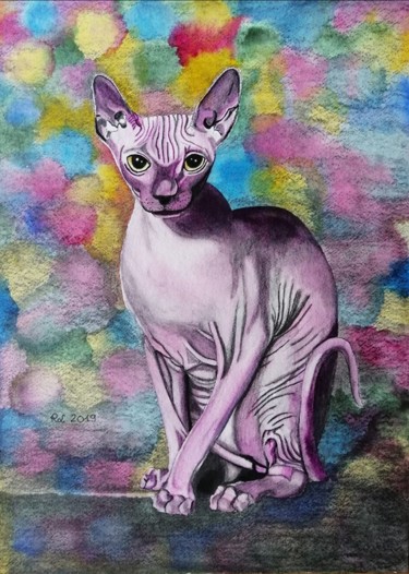 Le sphynx rose Schilderij getiteld "Le sphynx rose" door Roxane Le Tétour, Origineel Kunstwerk, Aquarel