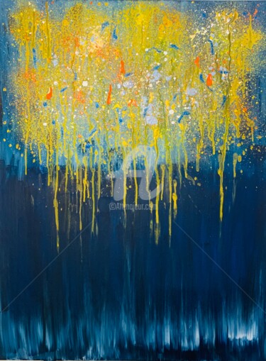 Painting titled "Golden Rain" by Roxani Rohner, Original Artwork, Acrylic