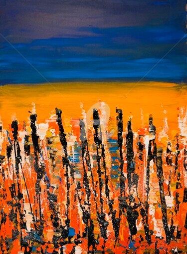 Ζωγραφική με τίτλο "Orange Horizon" από Roxani Rohner, Αυθεντικά έργα τέχνης, Ακρυλικό