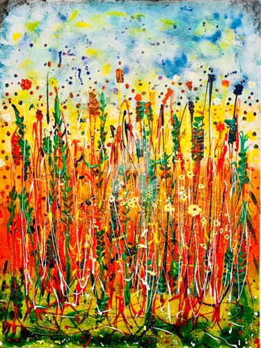 Ζωγραφική με τίτλο "Morning Flowers fly…" από Roxani Rohner, Αυθεντικά έργα τέχνης, Ακρυλικό