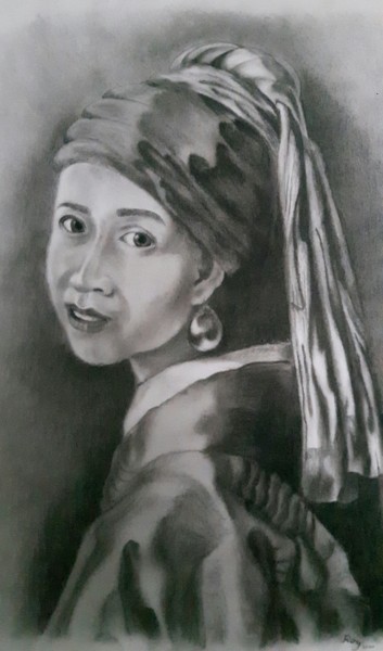 Disegno intitolato "Mara with Pearl Ear…" da Roy Tan, Opera d'arte originale, Carbone