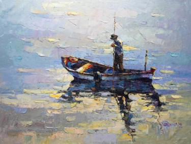 Painting titled "90x120cm Fishing Man" by Royo Liu, Original Artwork, Oil