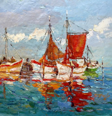 Painting titled "60x60cm Sailing Boat" by Royo Liu, Original Artwork, Oil