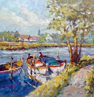 Painting titled "60x60cm Little Boats" by Royo Liu, Original Artwork, Oil