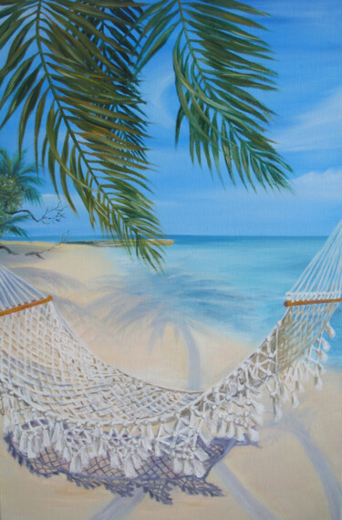 Painting titled "Beach" by Roza Bronnikova, Original Artwork, Oil Mounted on Wood Stretcher frame