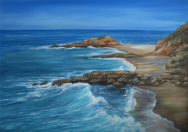 Painting titled "Shore" by Roza Bronnikova, Original Artwork, Oil Mounted on Wood Stretcher frame