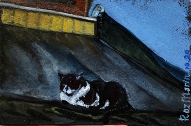 Painting titled "Cat on the roof col…" by Marina Deryagina, Original Artwork, Oil