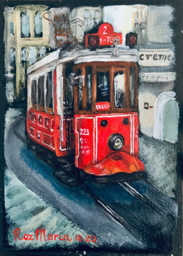 Painting titled "Tram on Istiklal co…" by Marina Deryagina, Original Artwork, Oil