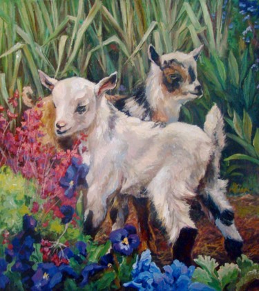 Painting titled "Little Goats" by Ruslan Sabirov, Original Artwork, Oil Mounted on Wood Stretcher frame