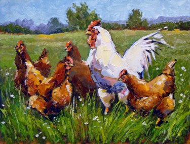 Painting titled "Chickens in the fie…" by Ruslan Sabirov, Original Artwork, Oil