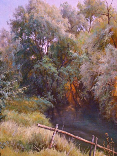 Painting titled "Willows at the Noks…" by Ruslan Sabirov, Original Artwork, Oil Mounted on Wood Stretcher frame