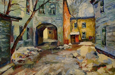Painting titled "Courtyard in Winter" by Ruslan Sabirov, Original Artwork, Oil