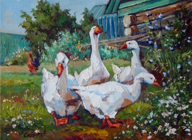 Painting titled "Geese in Shali vill…" by Ruslan Sabirov, Original Artwork, Oil Mounted on Wood Stretcher frame