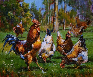 Painting titled "Chickens near forest" by Ruslan Sabirov, Original Artwork, Oil
