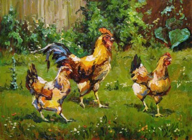 Картина под названием "Backyard chickens" - Ruslan Sabirov, Подлинное произведение искусства, Масло