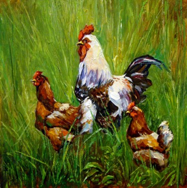 Painting titled "Chickens in the gra…" by Ruslan Sabirov, Original Artwork, Oil