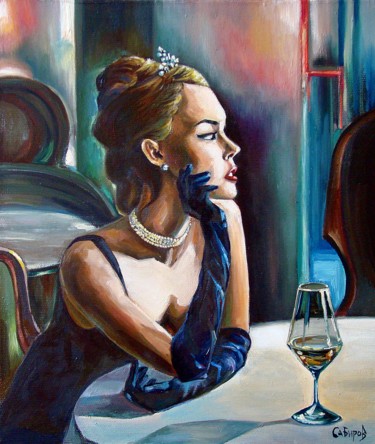 Painting titled "Girl with a wine gl…" by Ruslan Sabirov, Original Artwork, Oil Mounted on Wood Stretcher frame
