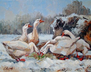 Painting titled "Geese Geese" by Ruslan Sabirov, Original Artwork, Oil Mounted on Wood Stretcher frame