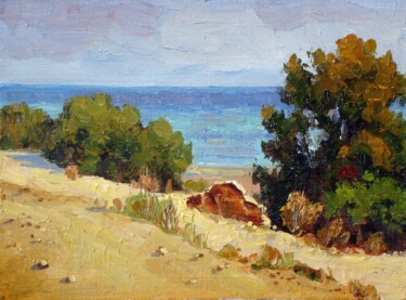 Painting titled "Sandy beach. Crete" by Ruslan Sabirov, Original Artwork, Oil Mounted on Wood Panel