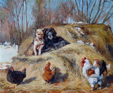 Painting titled "Dogs in the hay" by Ruslan Sabirov, Original Artwork, Oil Mounted on Wood Stretcher frame