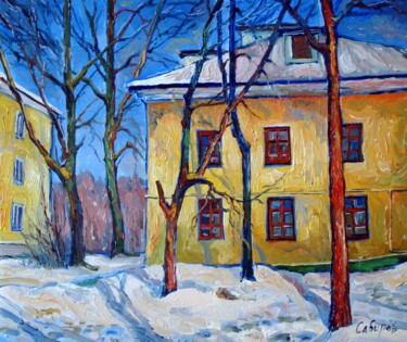 Painting titled "Старый дом" by Ruslan Sabirov, Original Artwork, Oil Mounted on Wood Stretcher frame