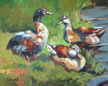 Painting titled "Ducks" by Ruslan Sabirov, Original Artwork, Oil Mounted on Wood Stretcher frame