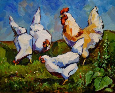 Painting titled "White chickens" by Ruslan Sabirov, Original Artwork, Oil Mounted on Cardboard