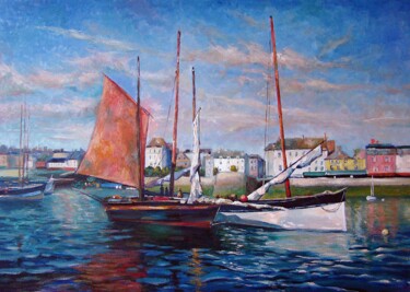 Painting titled "Harbour and Quayside" by Ruslan Sabirov, Original Artwork, Oil Mounted on Wood Stretcher frame
