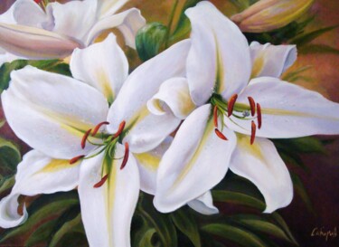 Painting titled "White Lilies" by Ruslan Sabirov, Original Artwork, Oil Mounted on Wood Stretcher frame