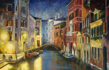 Painting titled "Night Venice" by Ruslan Sabirov, Original Artwork, Oil Mounted on Wood Stretcher frame