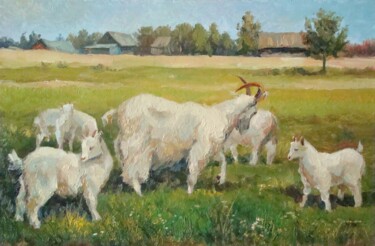 Painting titled "In the meadow" by Ruslan Sabirov, Original Artwork, Oil Mounted on Wood Stretcher frame
