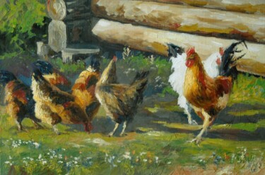 Painting titled "Chickens near the l…" by Ruslan Sabirov, Original Artwork, Oil Mounted on Wood Stretcher frame