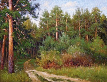 Painting titled "Pine Forest near De…" by Ruslan Sabirov, Original Artwork, Oil Mounted on Wood Stretcher frame